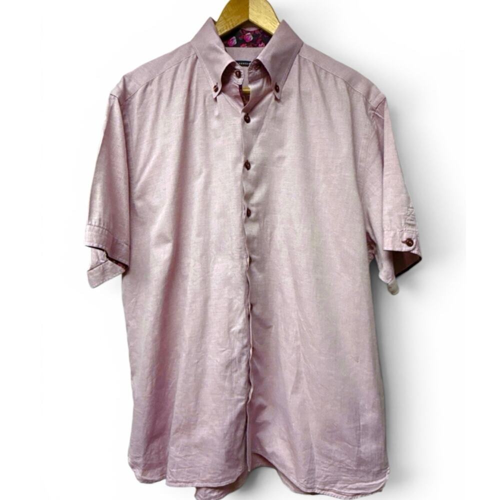 Hammer Made Size XL 17.5 Short Sleeve Button Down Shirt Lilac Pink Mini Check